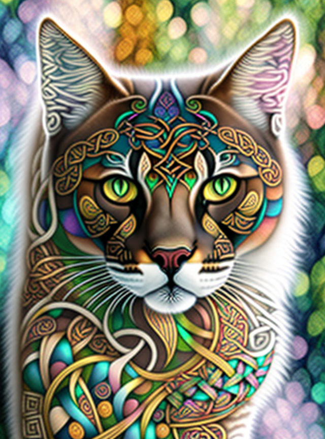 Colorful Cat Artwork with Intricate Patterns on Bokeh Background