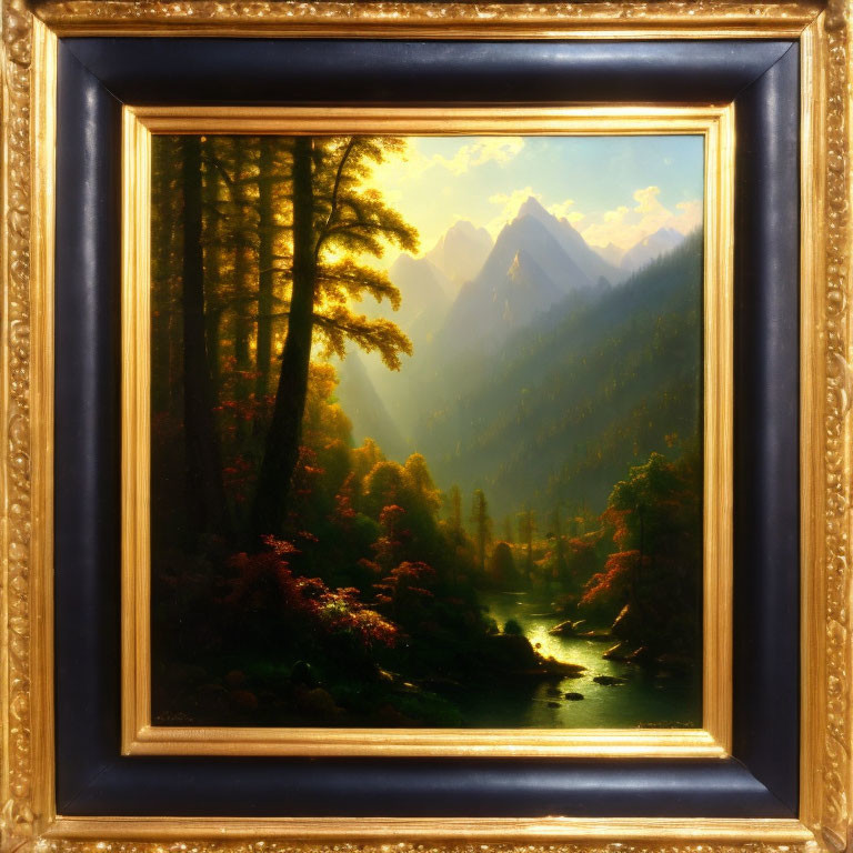 Serene river in forest with mountains, warm sunlight, ornate gold frame