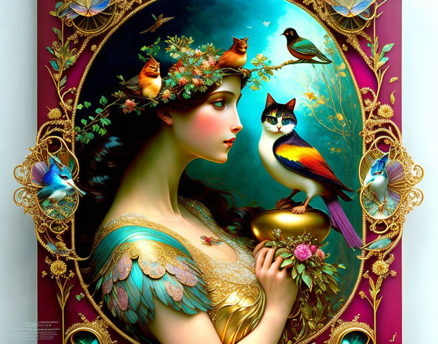 Fantastical woman with butterfly wings in ornate golden frame surrounded by colorful birds.