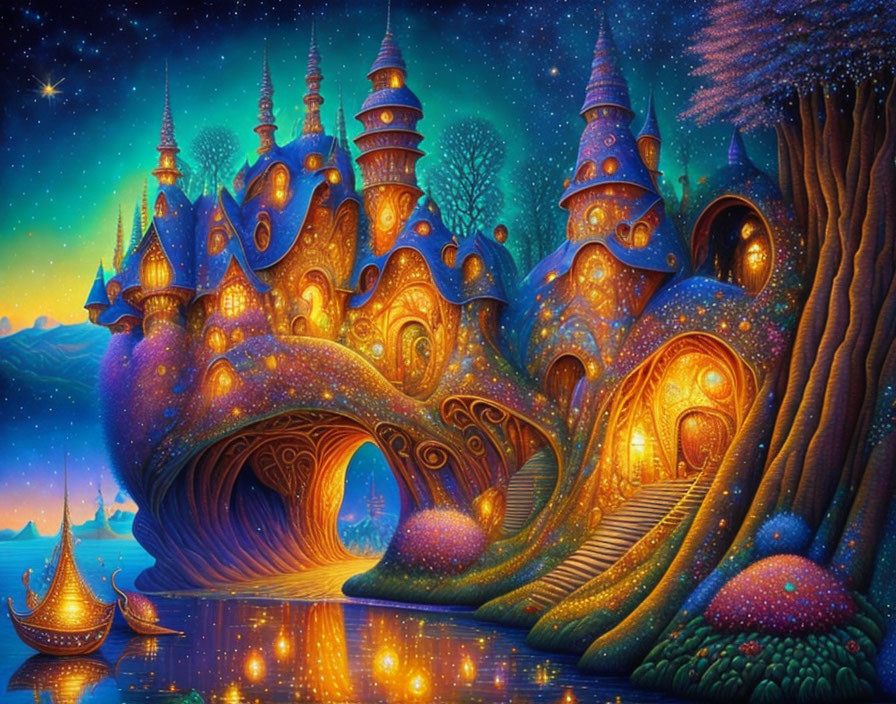 Fantasy artwork: Enchanted castle under starry night sky