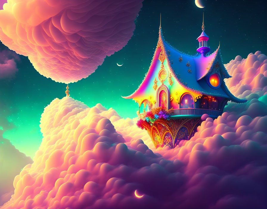 Fantasy illustration of whimsical house on clouds with moons