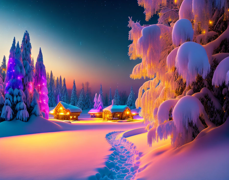 Snow-covered trees, glowing houses, starry sky in serene winter night scene