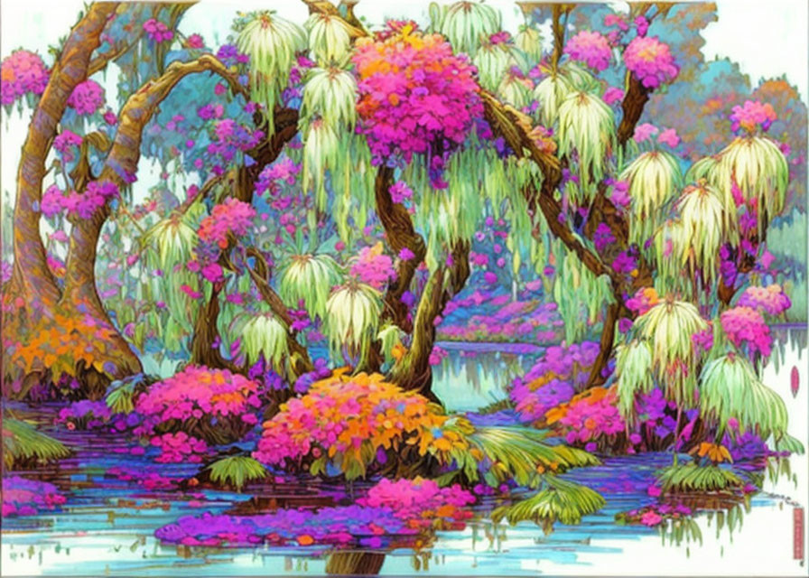 Whimsical garden illustration with vibrant colors and serene pond