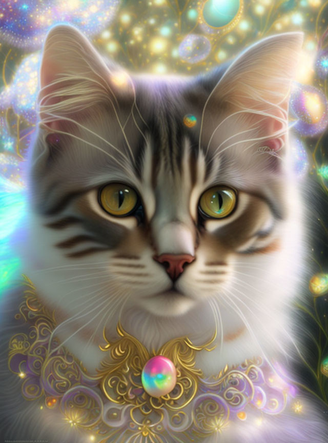 Highly detailed digital image of realistic cat with golden eyes and glowing orbs.