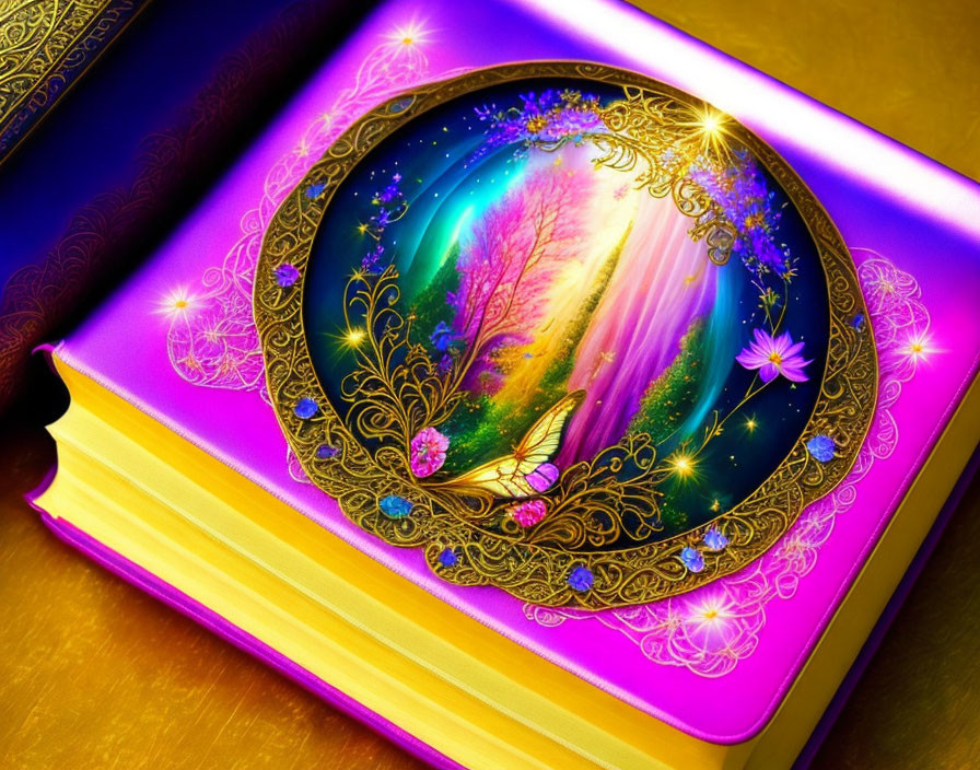 Vivid, Colorful Book Cover: Enchanted Forest Scene in Ornate Golden Frame