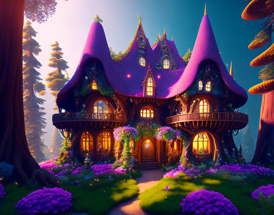 Whimsical fairy-tale cottage in enchanted forest with purple roofs