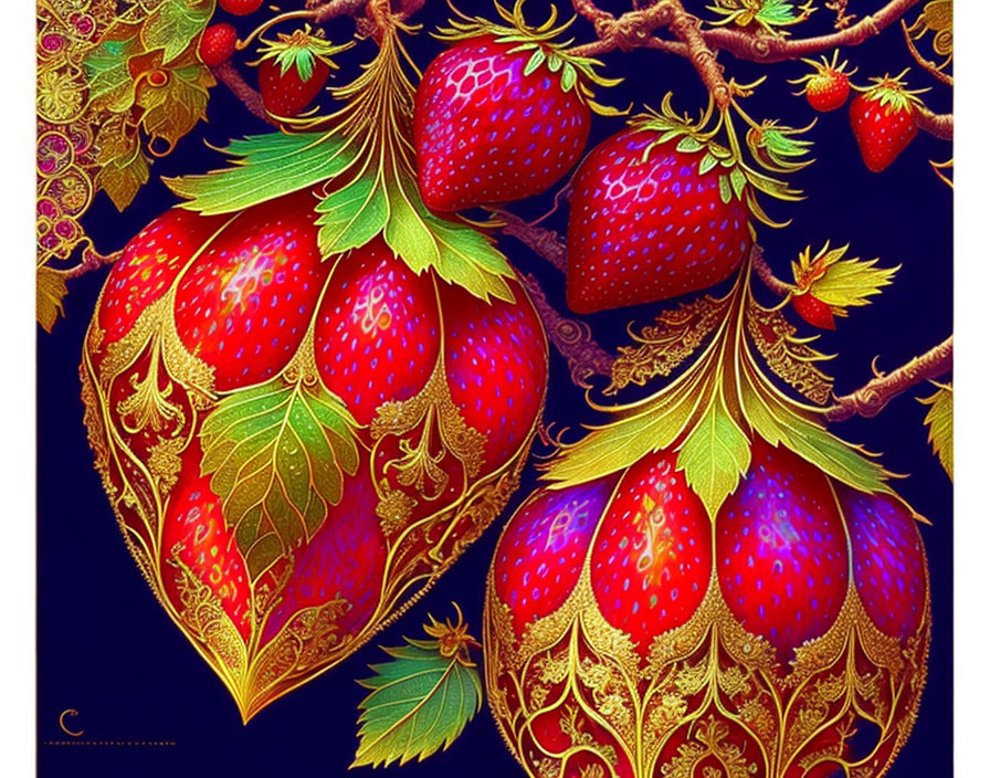 Whimsical Illustration of Strawberries with Gold Designs