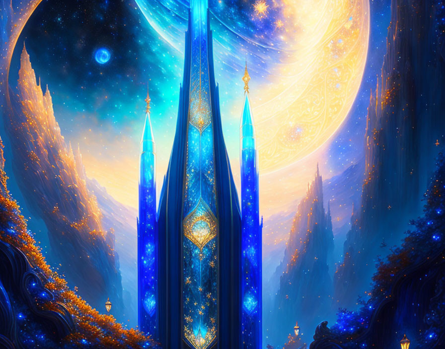 Fantastical landscape with glowing blue crystal towers and alien foliage