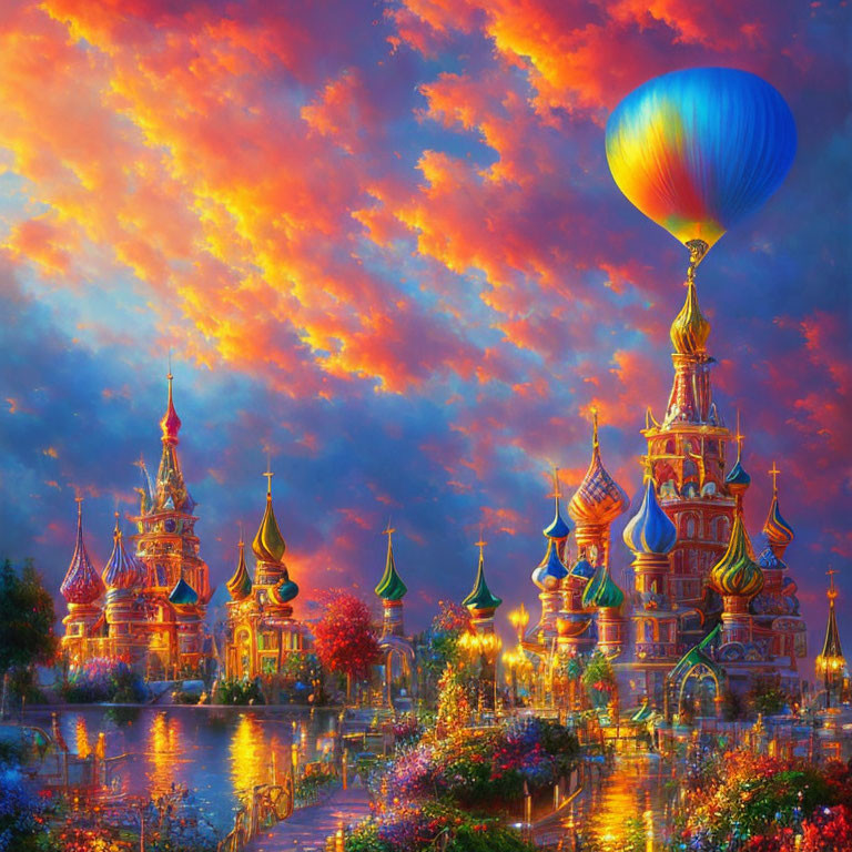 Colorful fantasy landscape with ornate buildings, river, flora, dramatic sky.