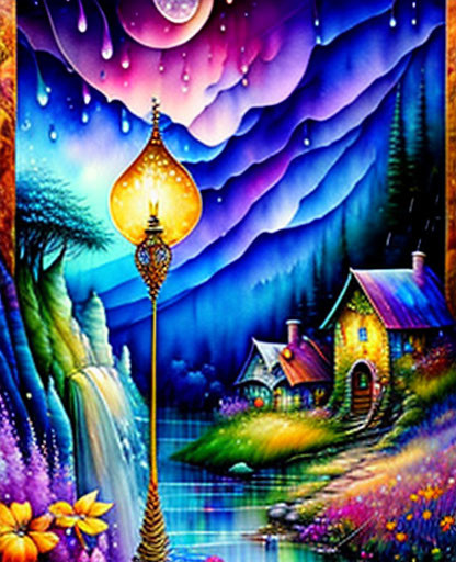 Fantasy landscape with glowing lamp post, waterfall, cottage, river, and mystical mountains.