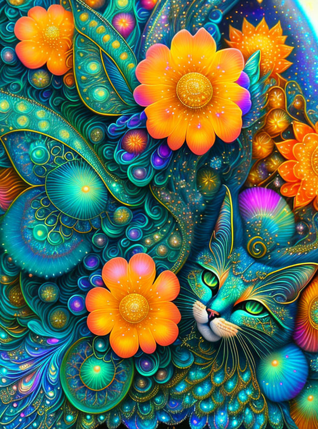 Enchanting Cat Surrounded by Vibrant Patterns and Flowers