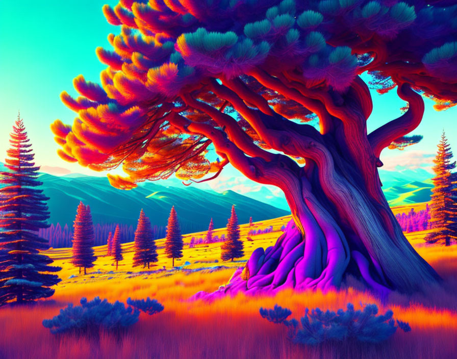 Colorful surreal landscape with twisted tree and orange grass