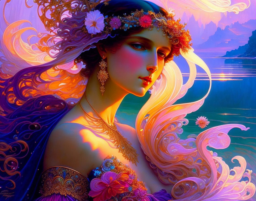 Fantasy painting of woman with purple hair and floral crown