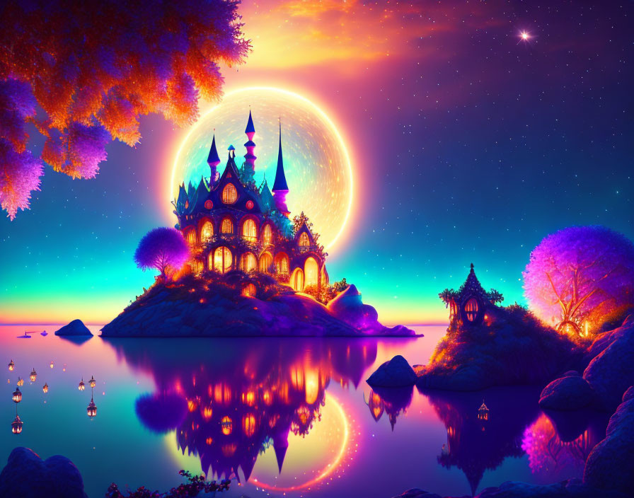 Majestic castle on island in vibrant fantasy night scene