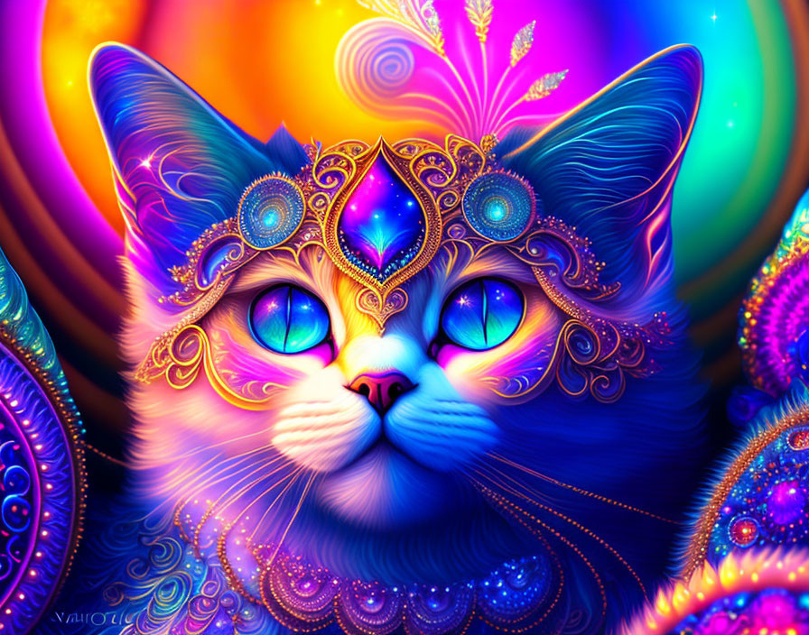 Colorful Digital Artwork: Mystical Cat with Blue Eyes and Jewels