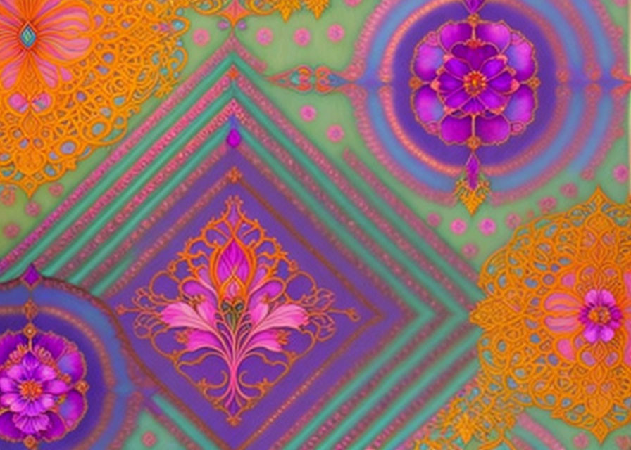 Vibrant Floral and Geometric Pattern in Purple, Pink, and Orange