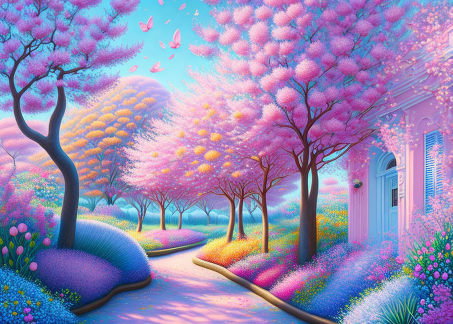 Vibrant path with pink and orange trees, blue door, butterflies in dreamlike landscape