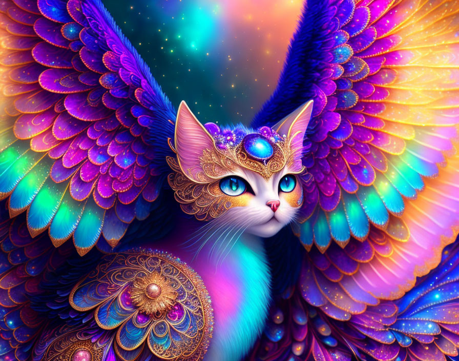 Fantastical cat with iridescent wings and golden adornments