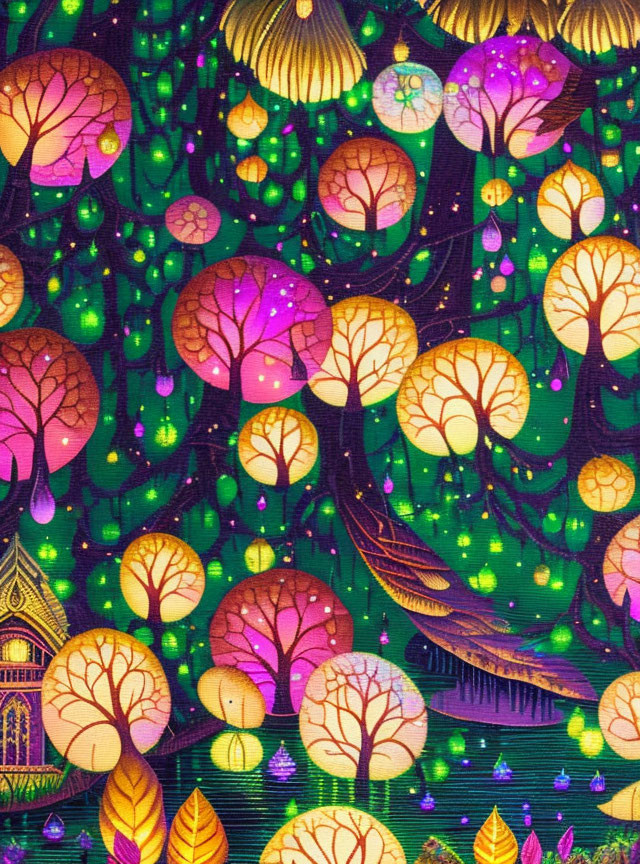 Whimsical forest illustration with glowing purple, gold, and green trees