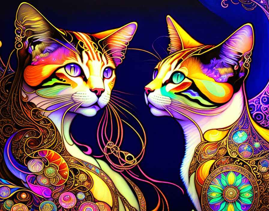 Colorful digital artwork: Two cats with intricate patterns on dark blue background