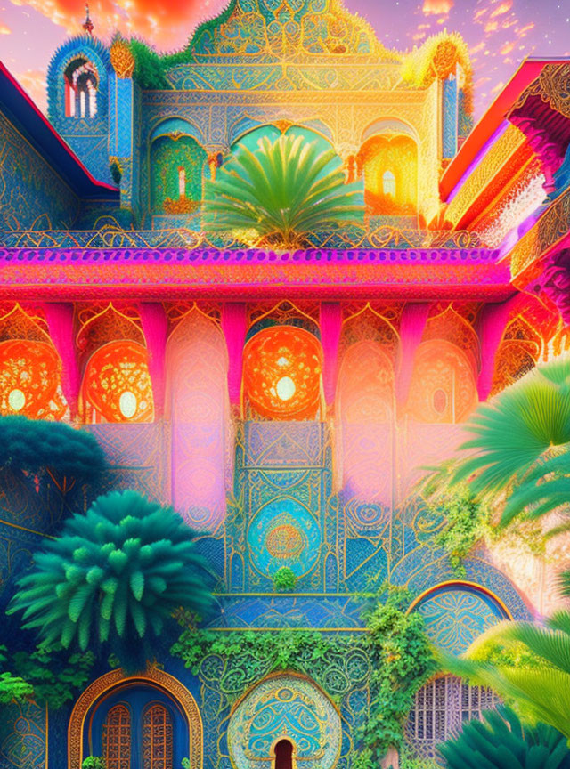 Fantastical palace illustration with vibrant colors & intricate patterns