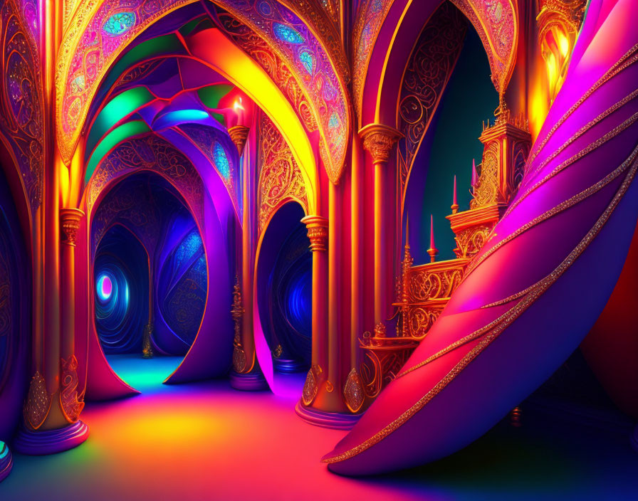 Fantastical ornate corridor with arches and glowing lights