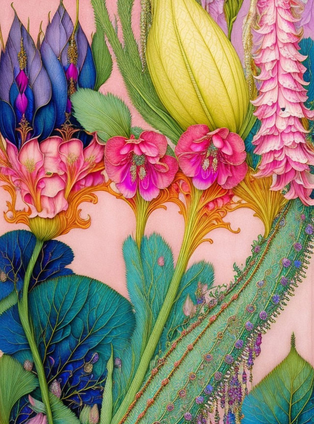 Colorful Botanical Illustration with Flowers, Leaves, and Feathers on Pink Background