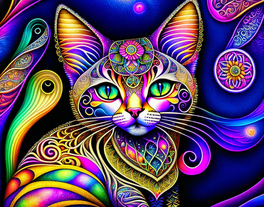 Multicolored stylized cat with intricate patterns and blue eyes on dark background