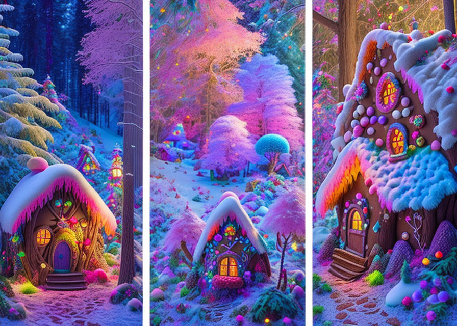 Snow-covered houses with colorful lights in winter forest scenes