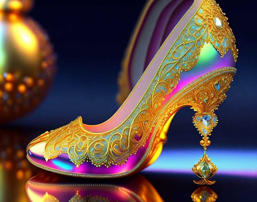 Golden high-heeled shoe with blue heart-shaped gem on reflective surface