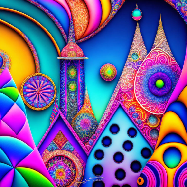 Colorful Psychedelic Digital Art with Swirling Shapes