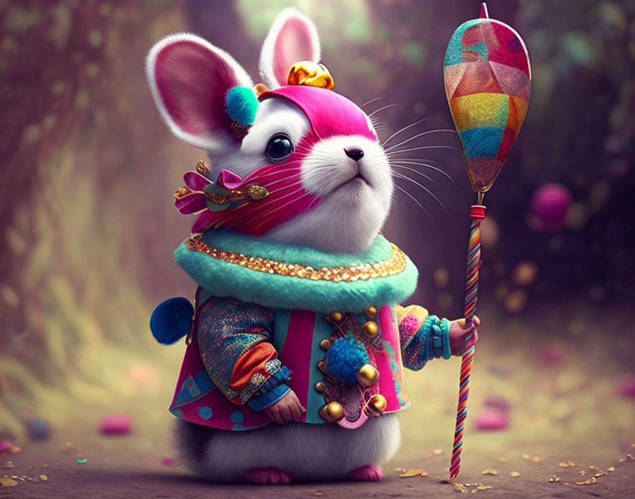 Colorful anthropomorphic rabbit in cultural garb with patterned balloon