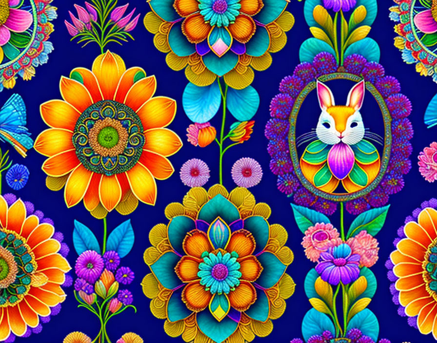 Colorful Sunflower and Rabbit Pattern on Blue Background