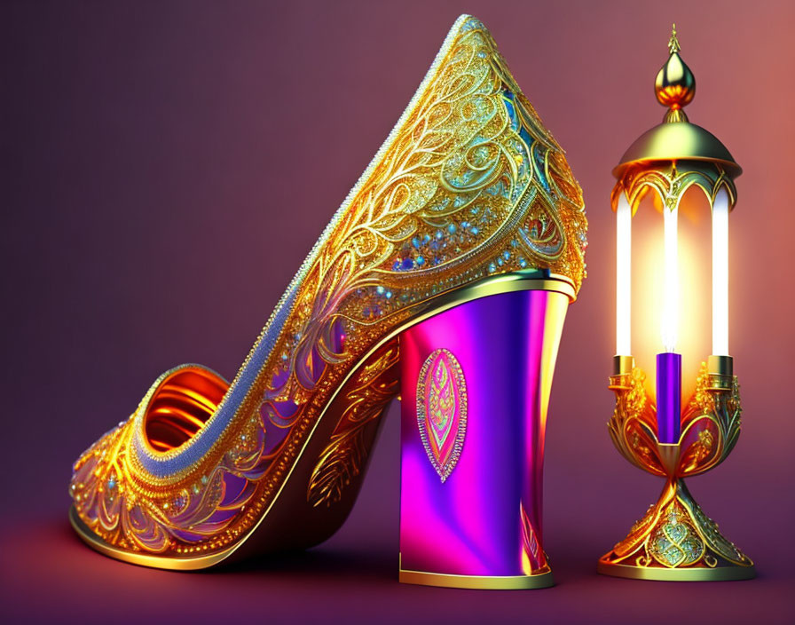 Golden high-heeled shoe and lantern on purple background