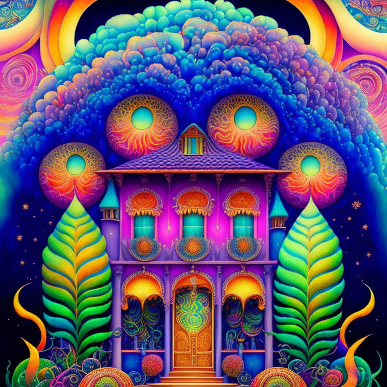 Colorful Psychedelic Illustration of Fantastical Building and Foliage