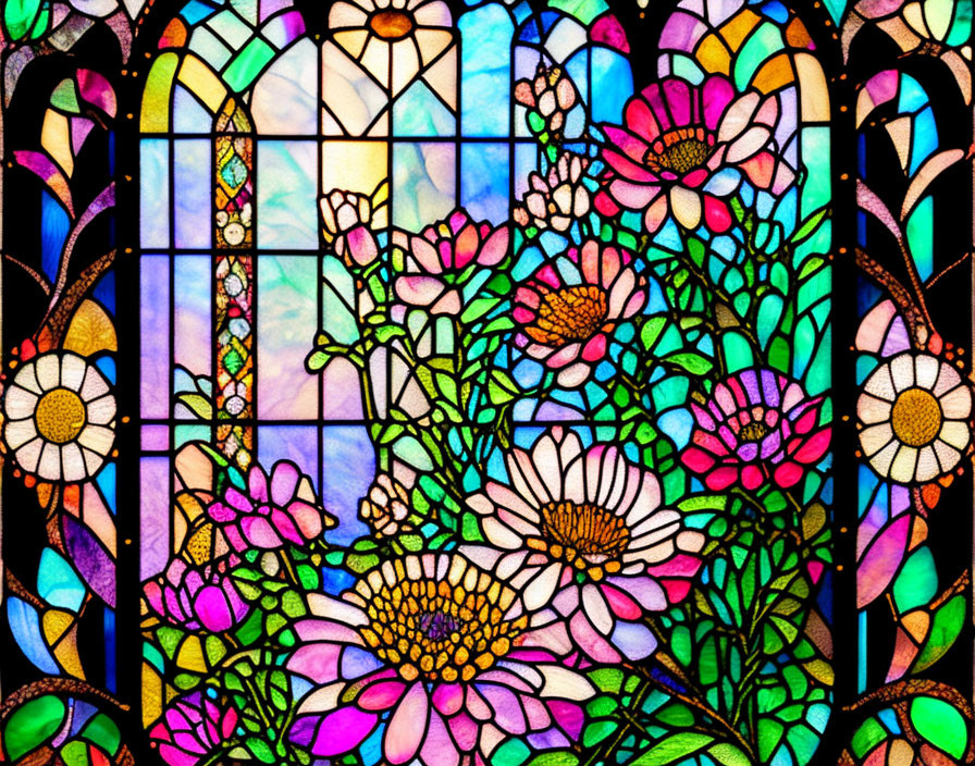 Vibrant Flower Pattern Stained Glass Window in Blue, Pink, Green, Yellow