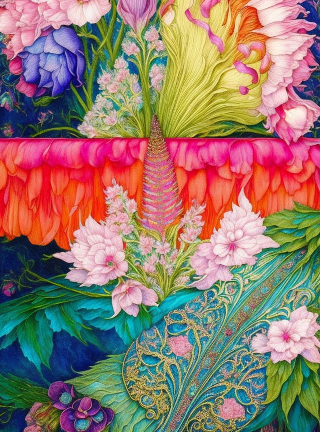 Colorful peacock illustration with floral backdrop and rich textures