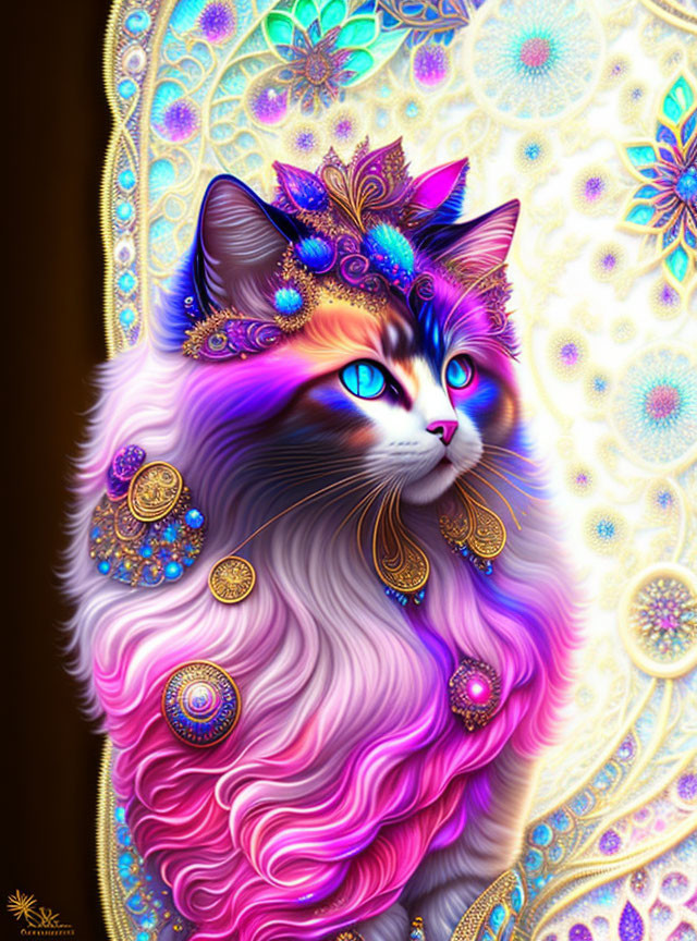 Regal cat illustration with vibrant colors and ornate jewelry