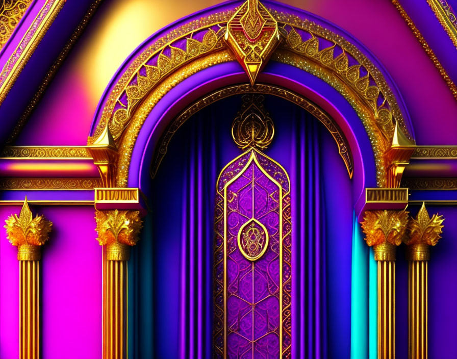 Luxurious Purple and Gold Archway with Velvet Curtains