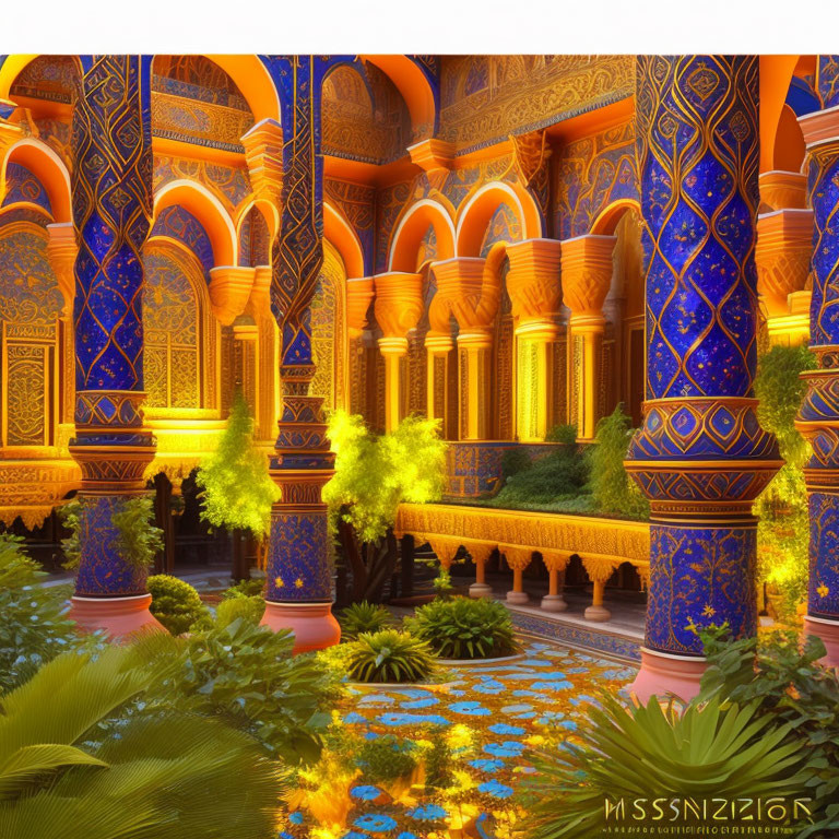 Luxurious interior with blue and gold arches, intricate patterns, and lush greenery under warm lighting