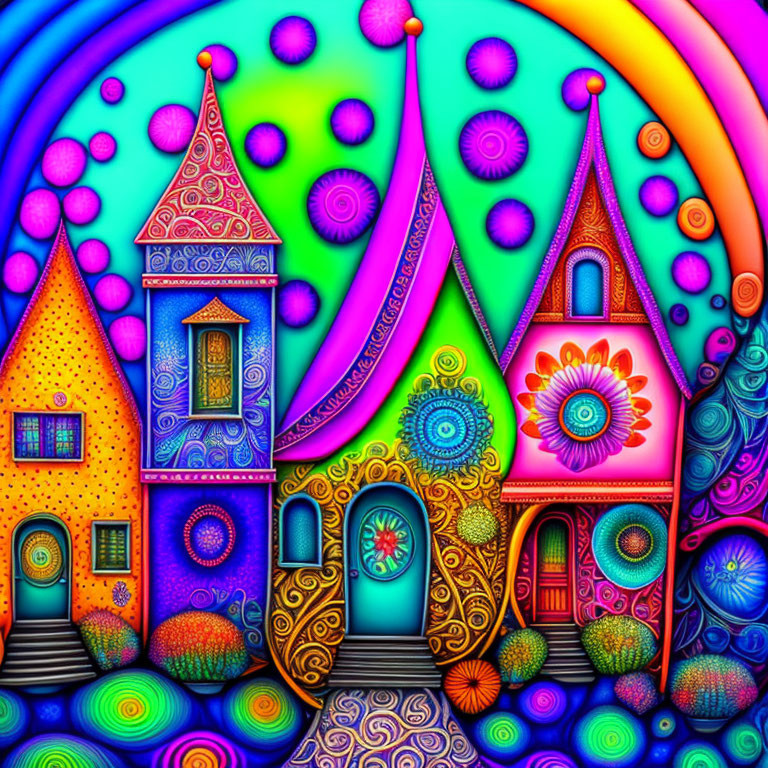 Whimsical Scene of Colorful Stylized Houses and Foliage