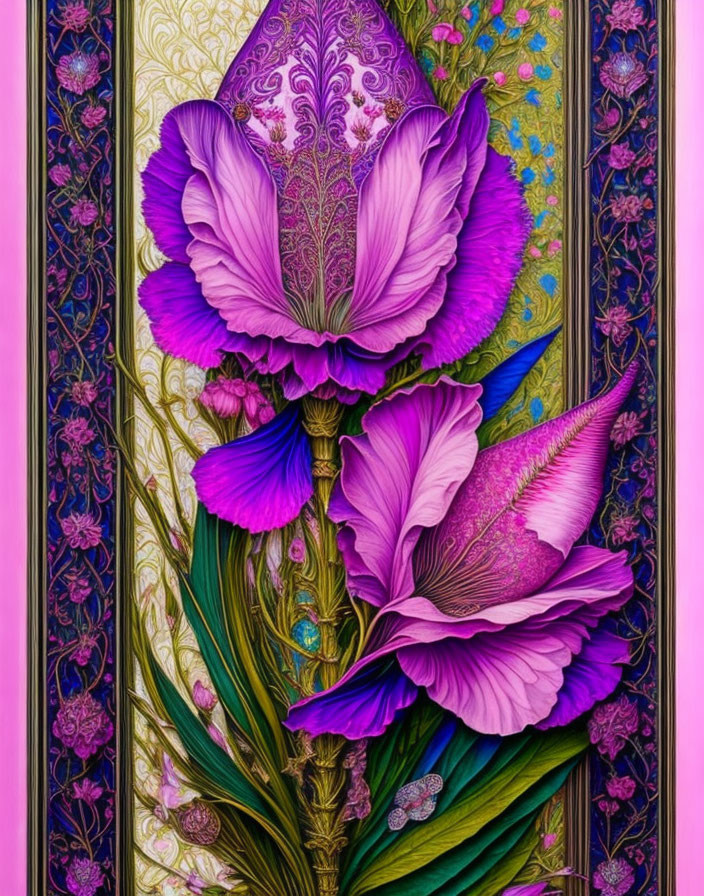 Colorful digital artwork of a large purple flower with intricate patterns and green foliage on a pink and blue