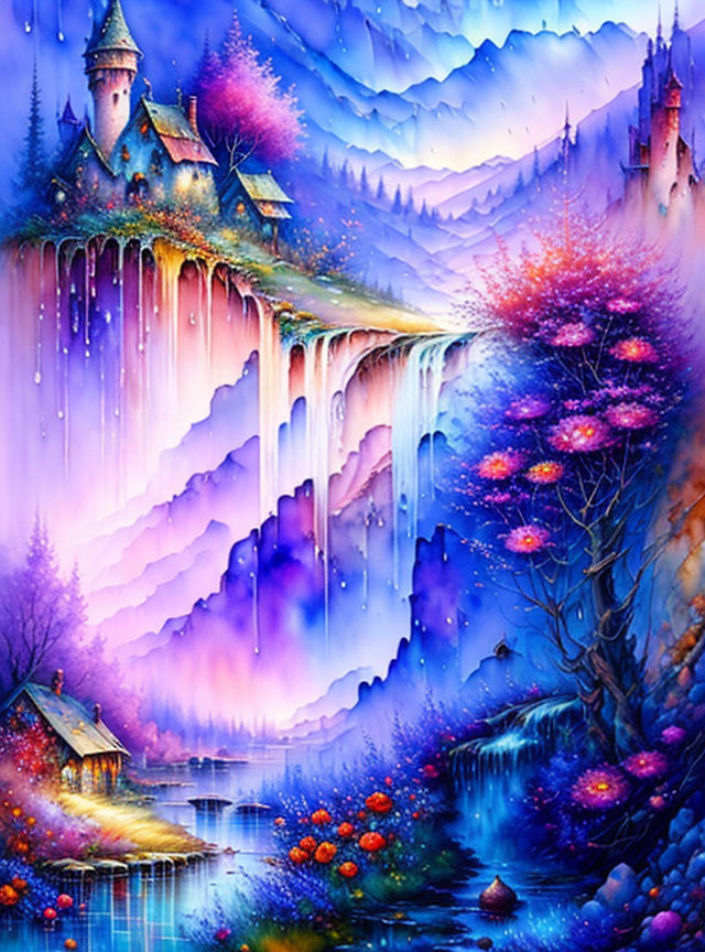 Colorful fantasy painting: castle, waterfall, flora, mountains, cottage