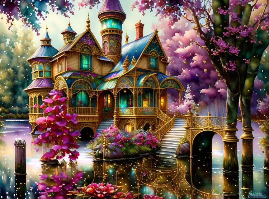 Fantasy house with gold details, purple trees, water, starry sky