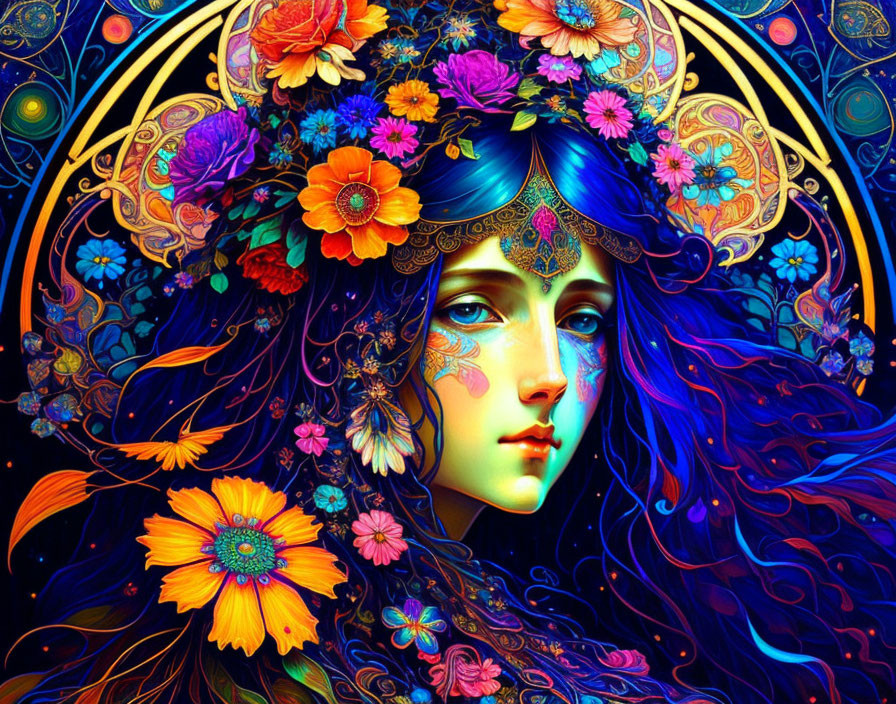 Colorful digital artwork of woman with blue skin and floral patterns.