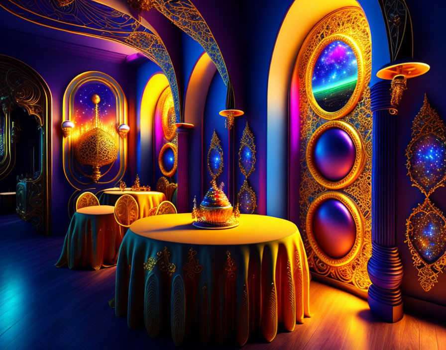 Mystical room with cosmic-themed decor in vibrant blues, purples, and golds