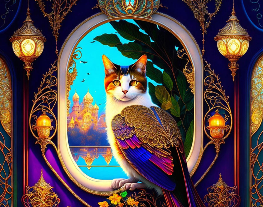 Colorful Cat with Peacock Tail in Decorative Archway & Castle Scene