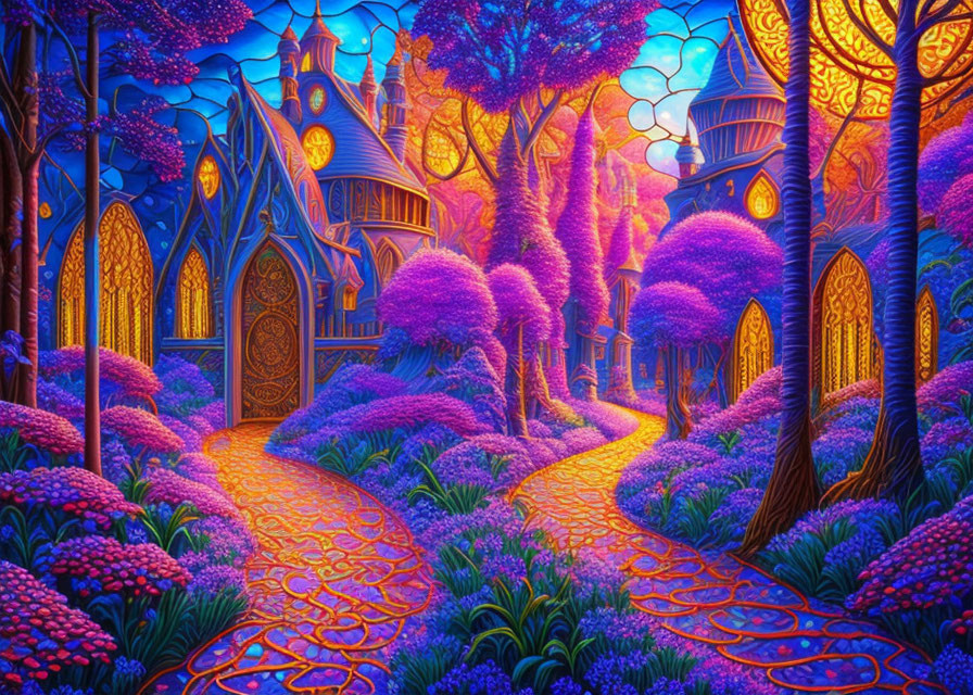 Colorful Whimsical Landscape with Path and Fantasy House