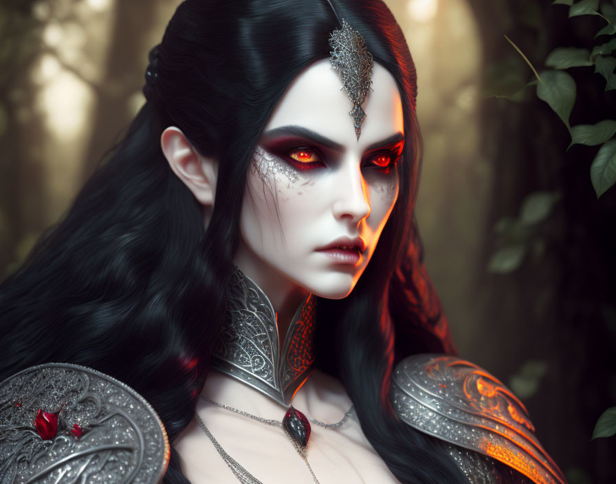 Fantasy Woman with Red Eyes in Silver Armor in Forest