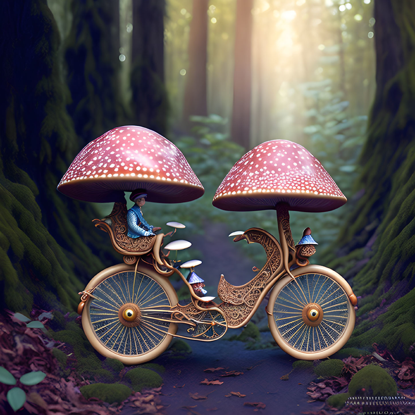 Whimsical bicycle illustration with mushroom seats, bird, and character in forest